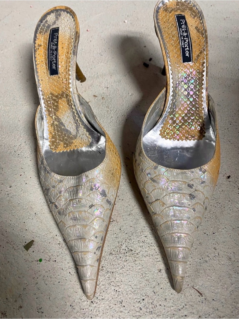 Pret-a-Porter Iridescent Cream Pointed-Toe Mule Heels